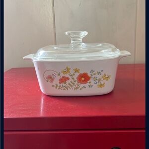 Corningware White Dish with Fruit Design and Clear Lid